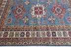 5x6 Blue & Beige Super Kazak Geometric Handmade Cotton & Wool Rug | Premium Luxury Area Rug