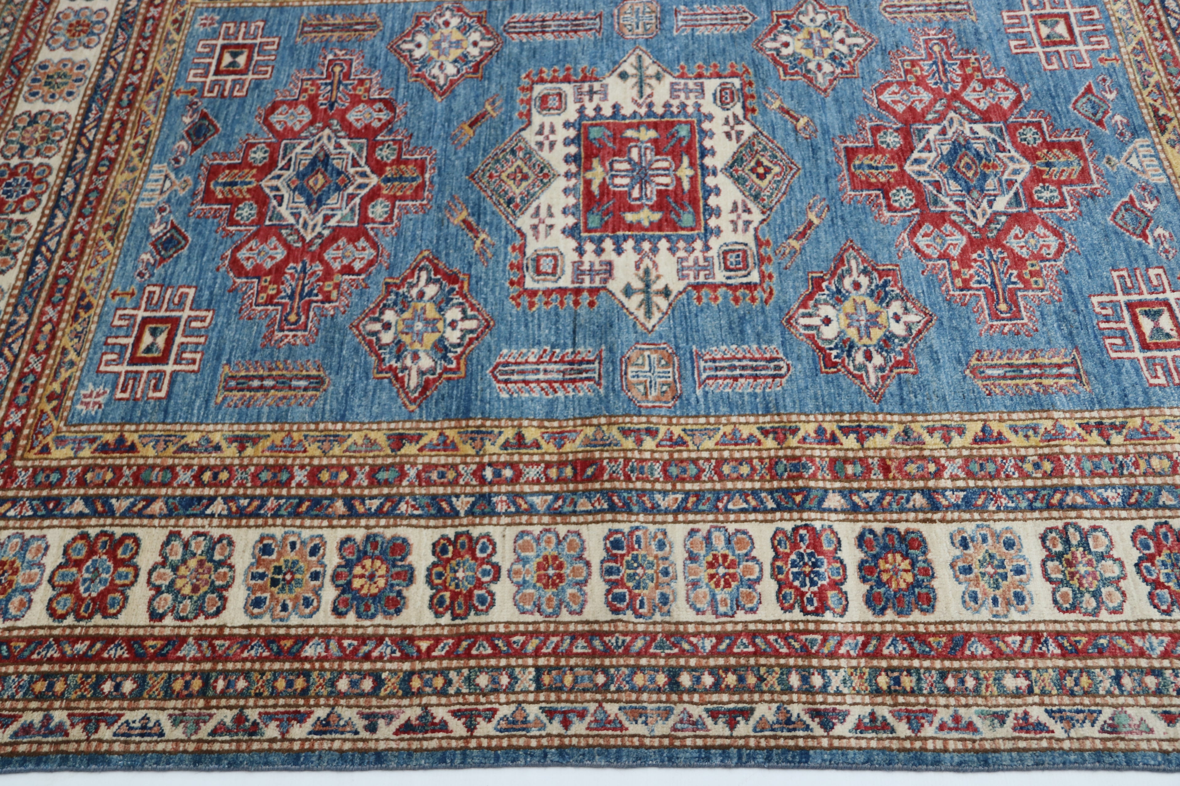 5x6 Blue & Beige Super Kazak Geometric Handmade Cotton & Wool Rug | Premium Luxury Area Rug