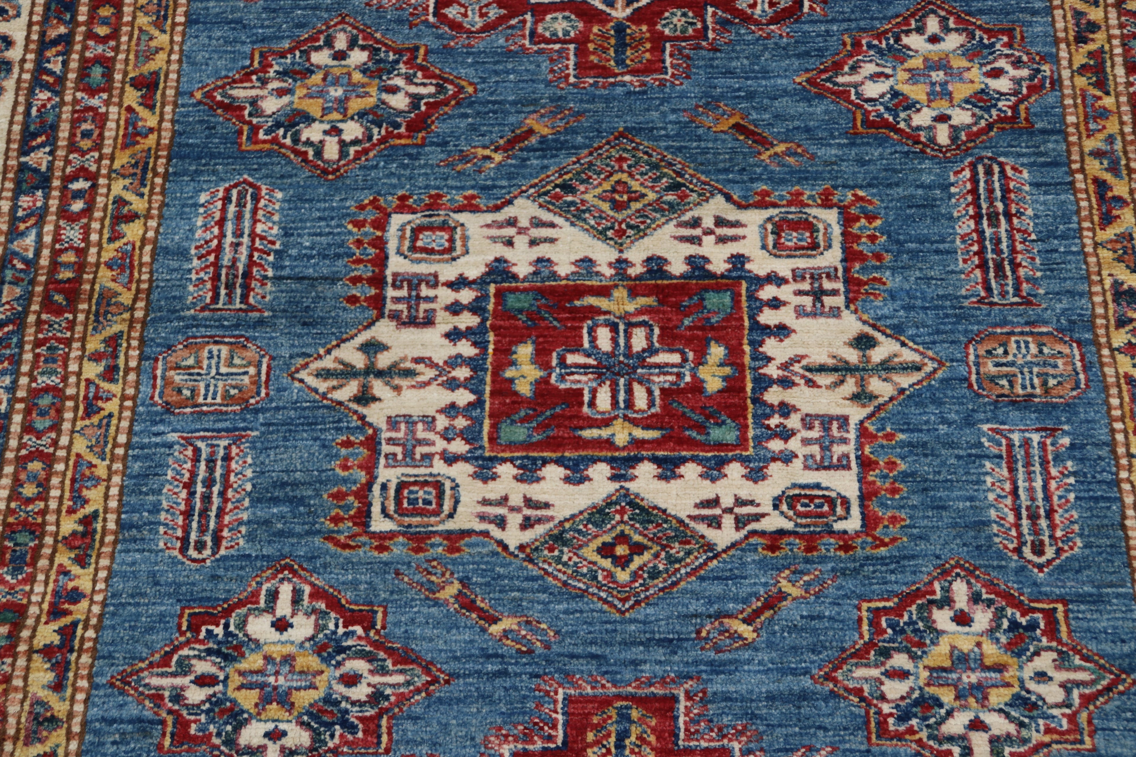5x6 Blue & Beige Super Kazak Geometric Handmade Cotton & Wool Rug | Premium Luxury Area Rug