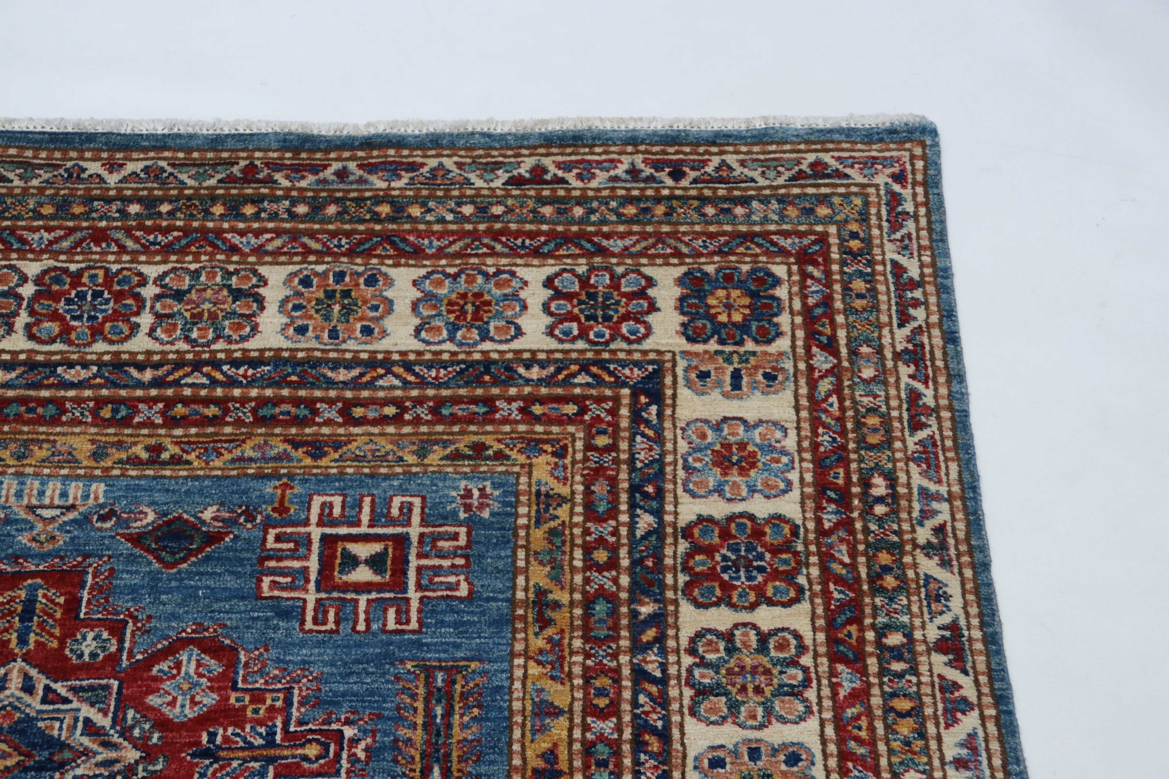 5x6 Blue & Beige Super Kazak Geometric Handmade Cotton & Wool Rug | Premium Luxury Area Rug