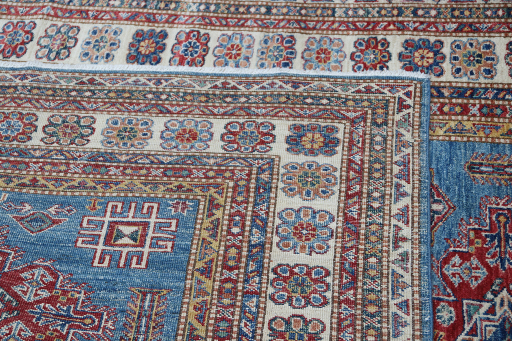 5x6 Blue & Beige Super Kazak Geometric Handmade Cotton & Wool Rug | Premium Luxury Area Rug