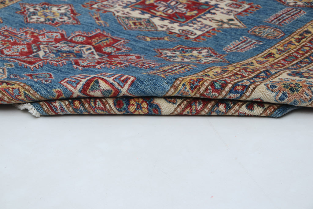 5x6 Blue & Beige Super Kazak Geometric Handmade Cotton & Wool Rug | Premium Luxury Area Rug
