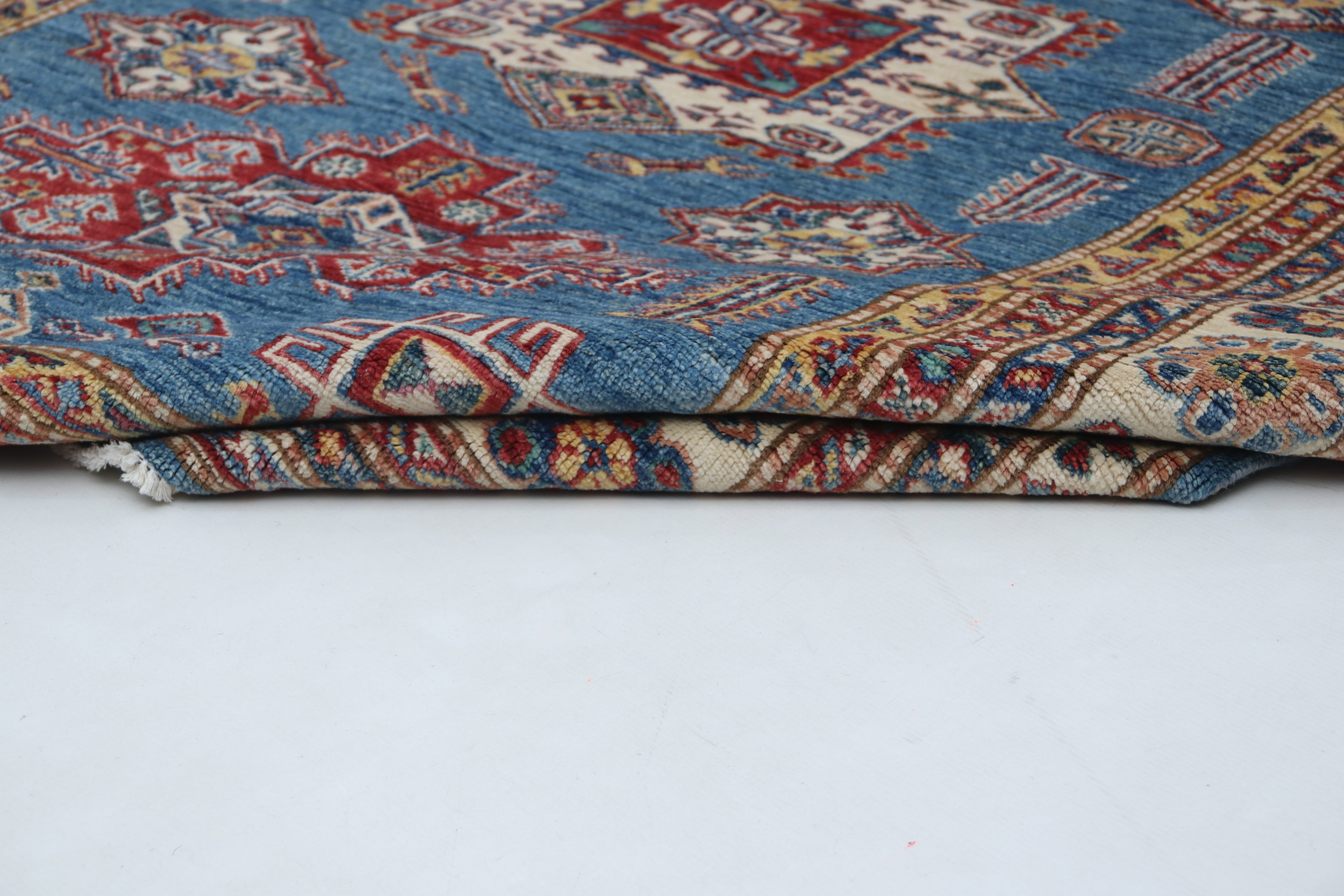 5x6 Blue & Beige Super Kazak Geometric Handmade Cotton & Wool Rug | Premium Luxury Area Rug