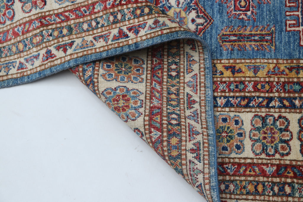 5x6 Blue & Beige Super Kazak Geometric Handmade Cotton & Wool Rug | Premium Luxury Area Rug