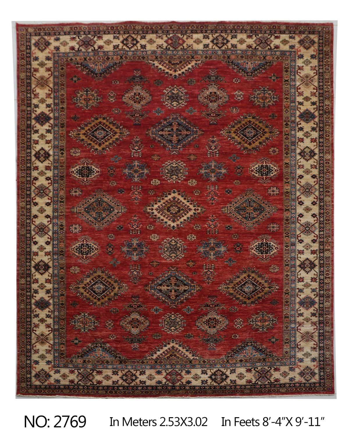 8.5x9 Red Super Kazak geometric handmade wool and cotton area rug