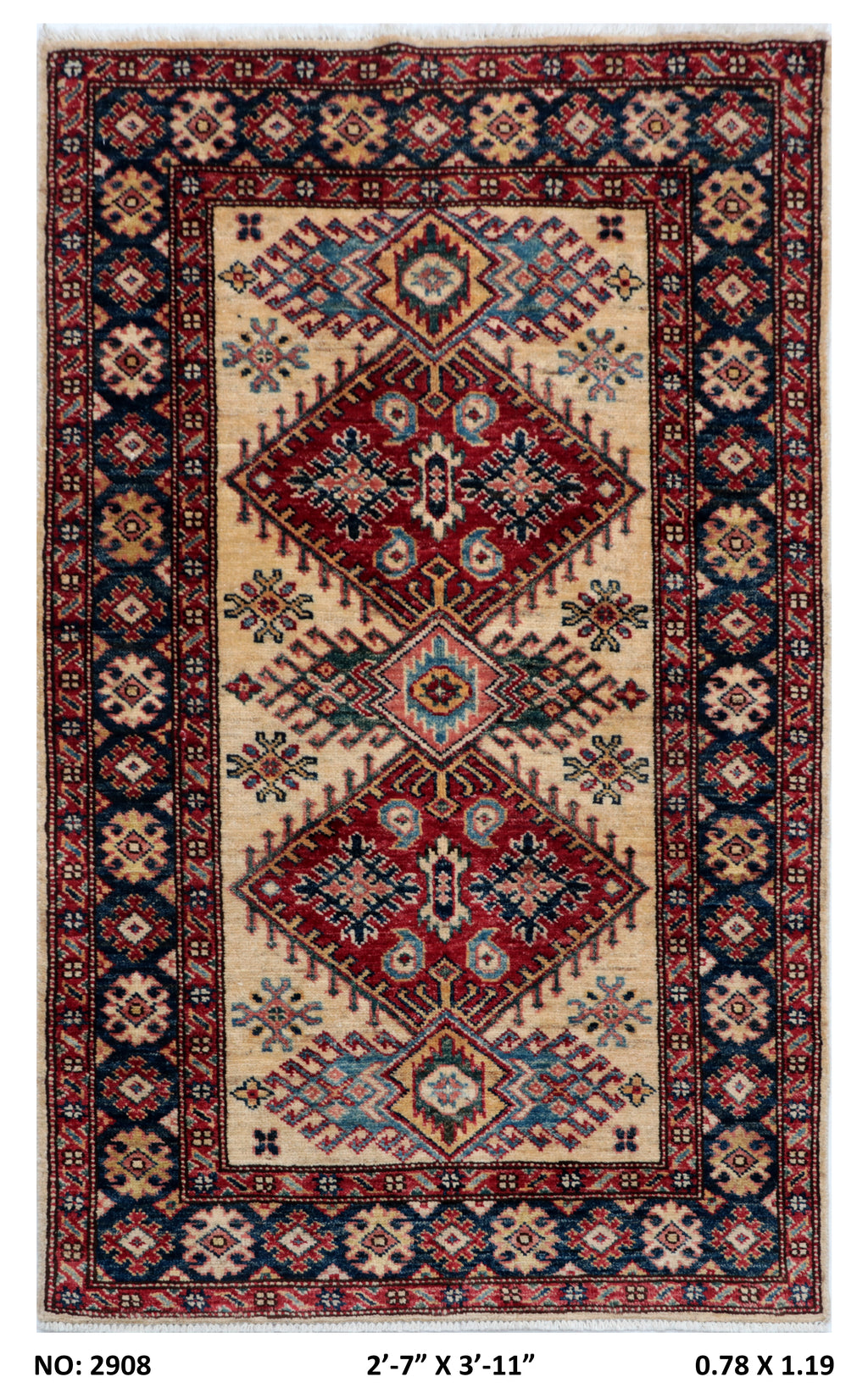 3x4 Beige and Blue Super Kazak Handmade Wool Cotton Geometric Area Rug