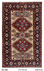 3x4 Beige and Blue Super Kazak Handmade Wool Cotton Geometric Area Rug