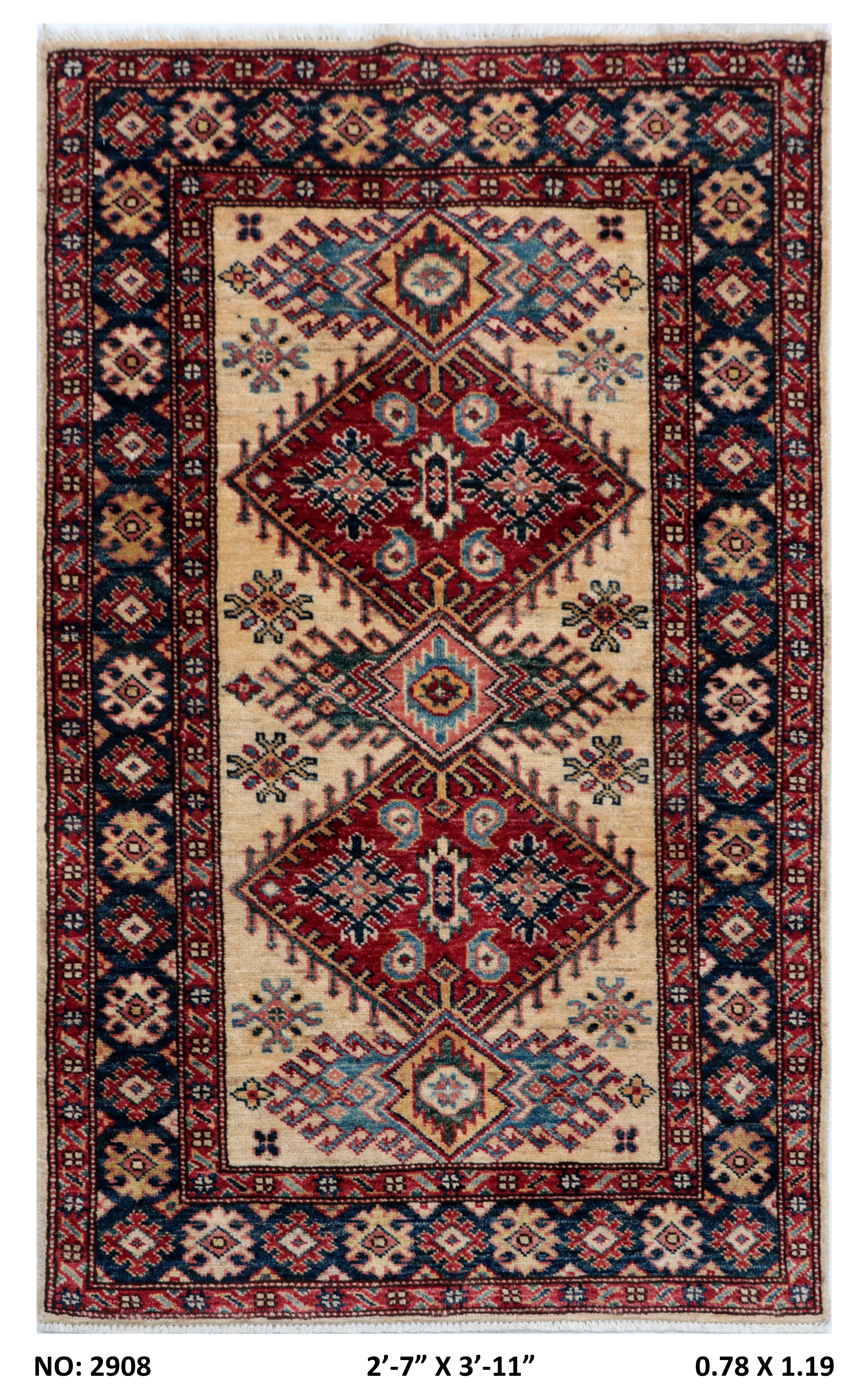 3x4 Beige and Blue Super Kazak Handmade Wool Cotton Geometric Area Rug