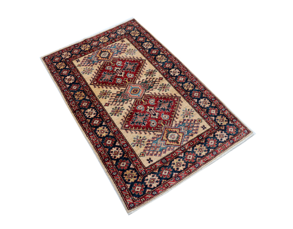 3x4 Beige & Blue Super Kazak Area Rug | Handmade Wool & Cotton Geometric Rug