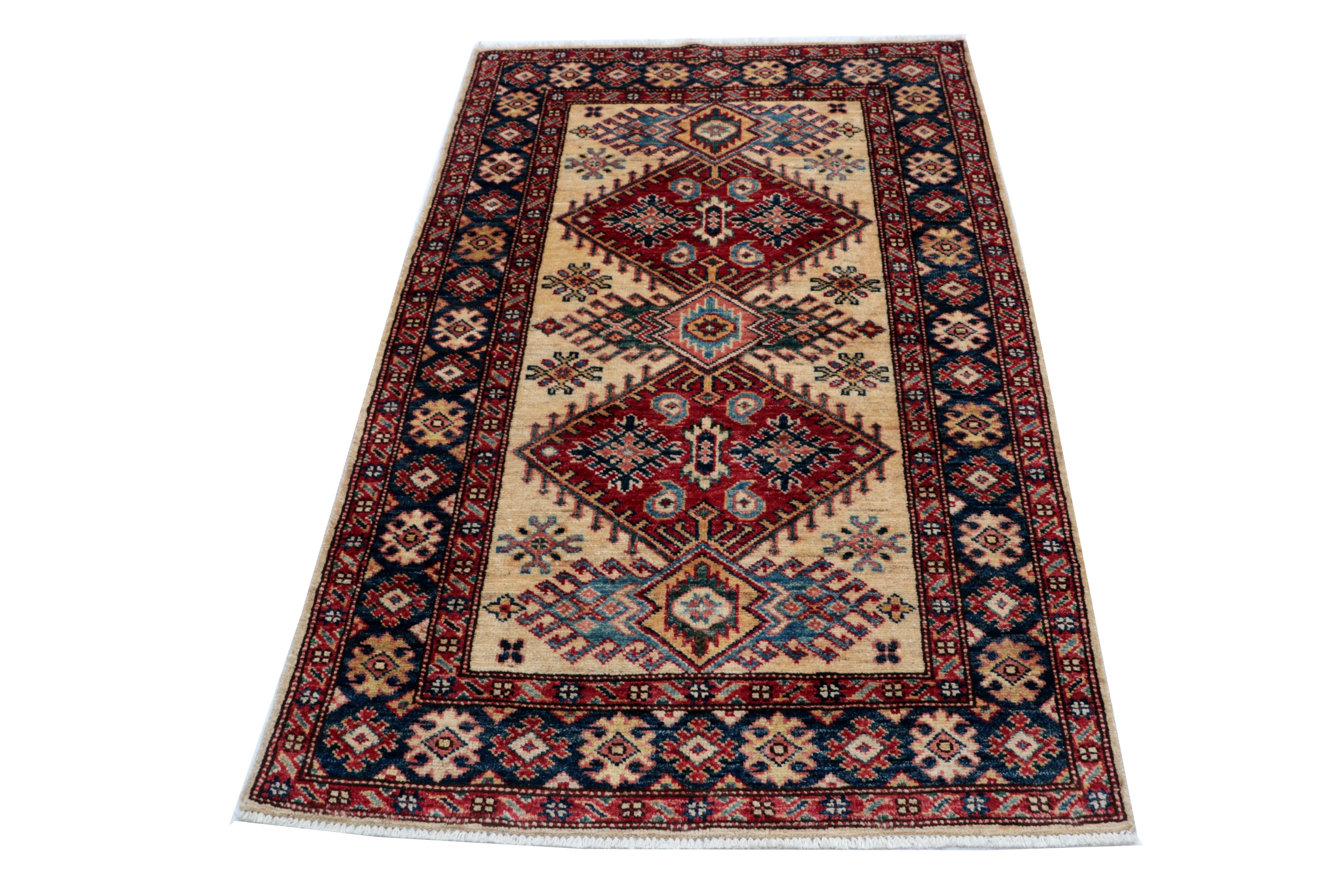 3x4 Beige & Blue Super Kazak Area Rug | Handmade Wool & Cotton Geometric Rug