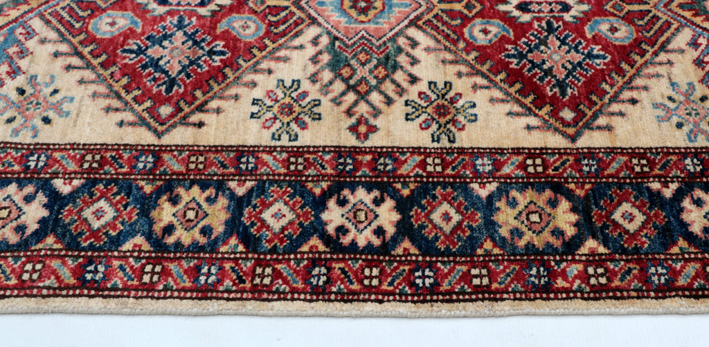 3x4 Beige & Blue Super Kazak Area Rug | Handmade Wool & Cotton Geometric Rug