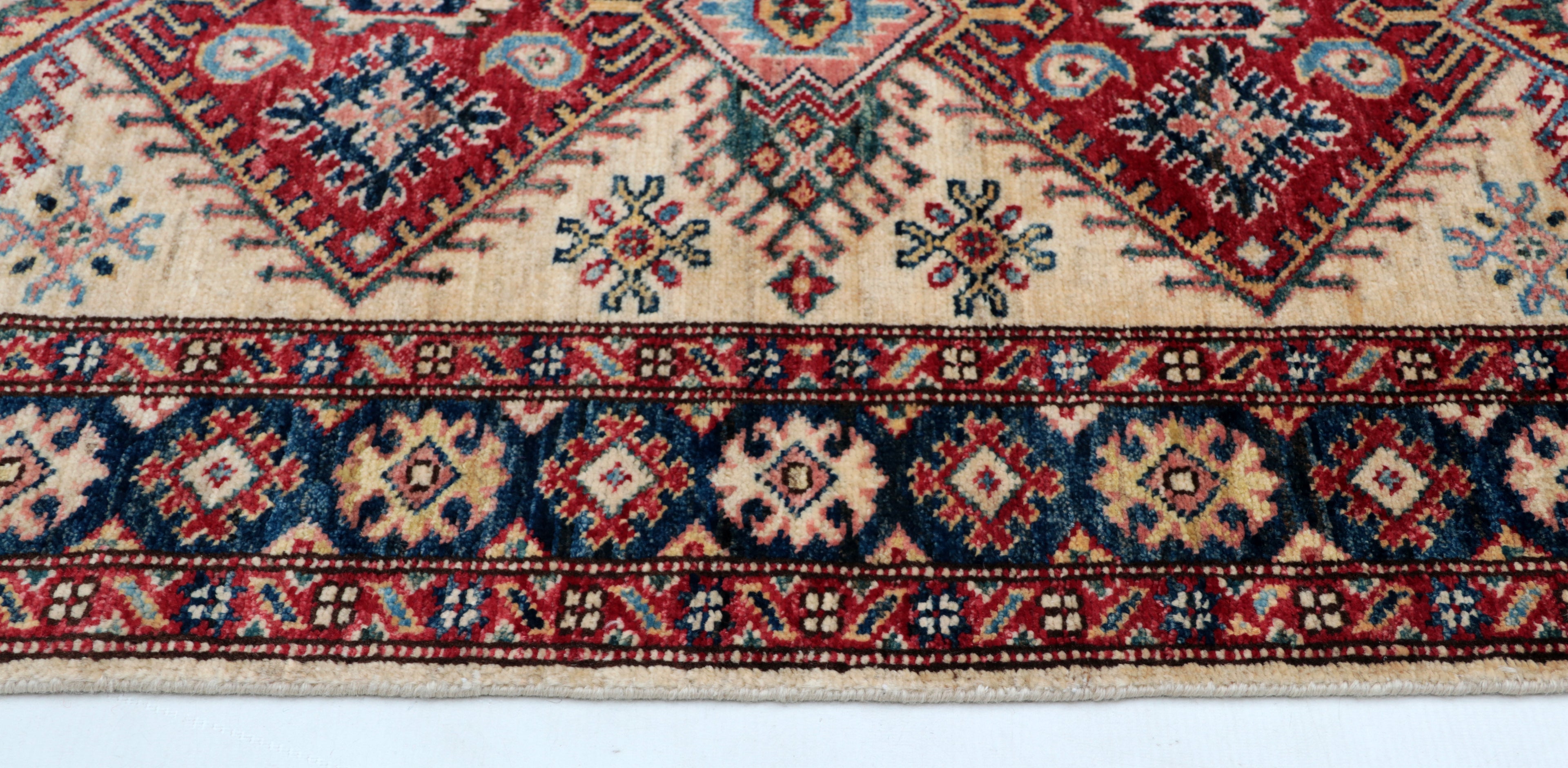 3x4 Beige & Blue Super Kazak Area Rug | Handmade Wool & Cotton Geometric Rug