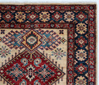 3x4 Beige & Blue Super Kazak Area Rug | Handmade Wool & Cotton Geometric Rug