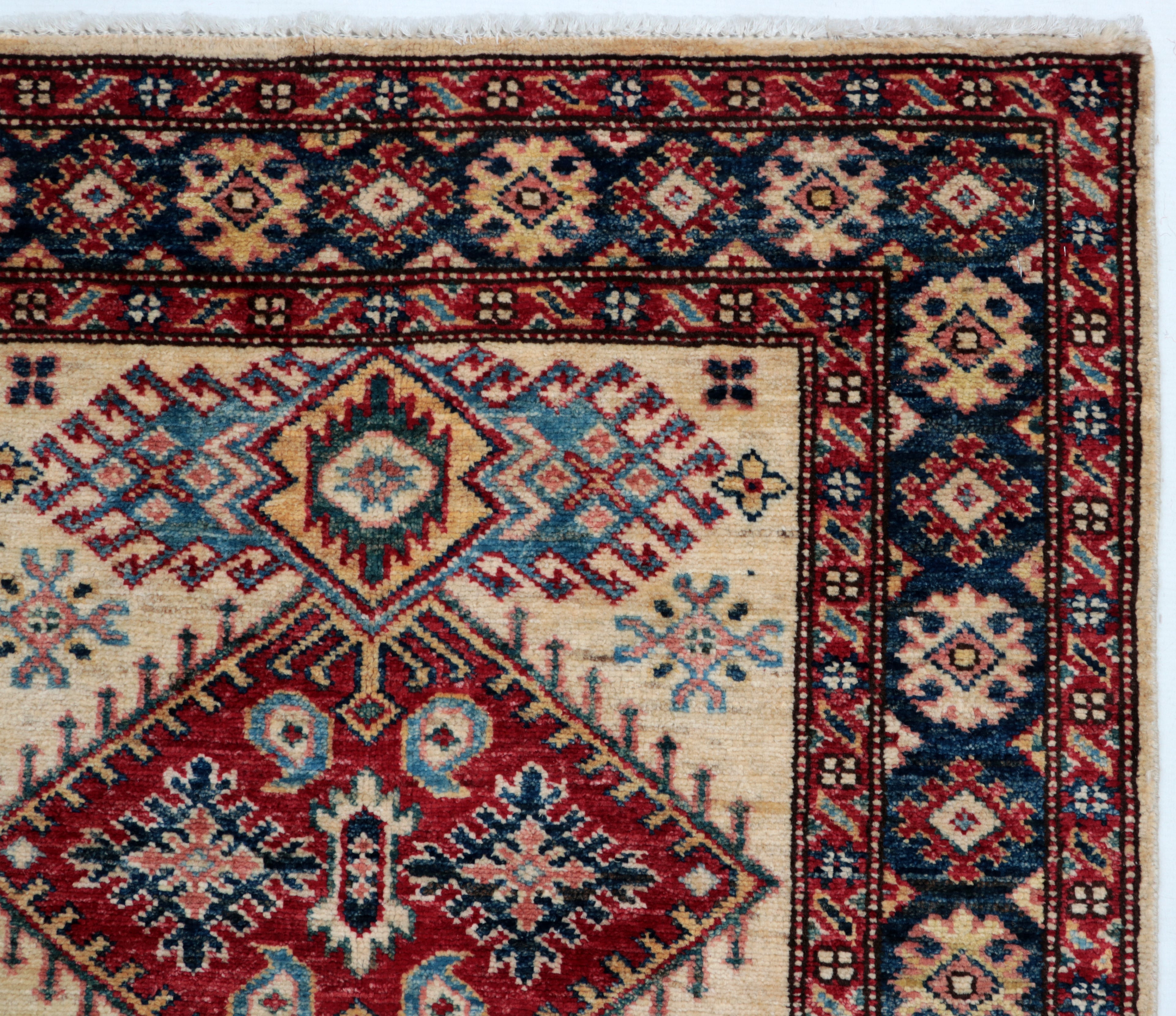 3x4 Beige & Blue Super Kazak Area Rug | Handmade Wool & Cotton Geometric Rug