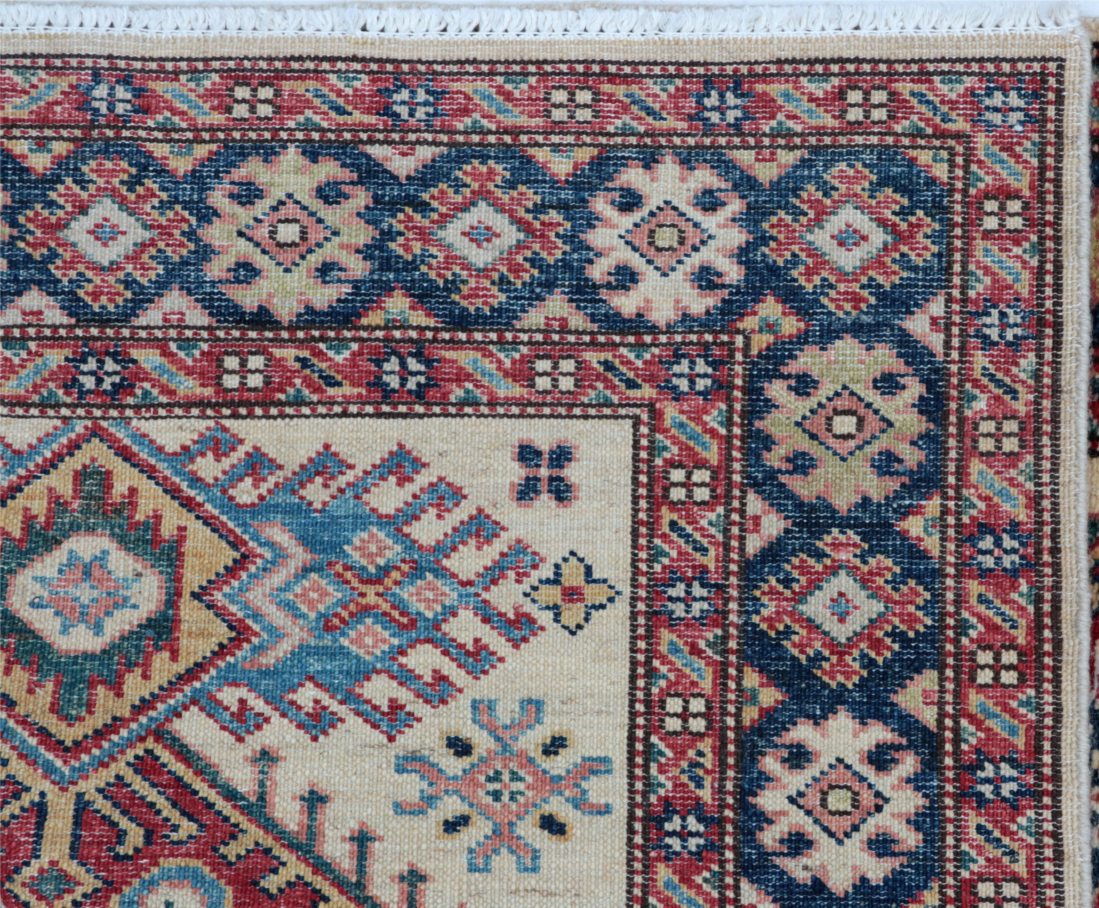3x4 Beige & Blue Super Kazak Area Rug | Handmade Wool & Cotton Geometric Rug