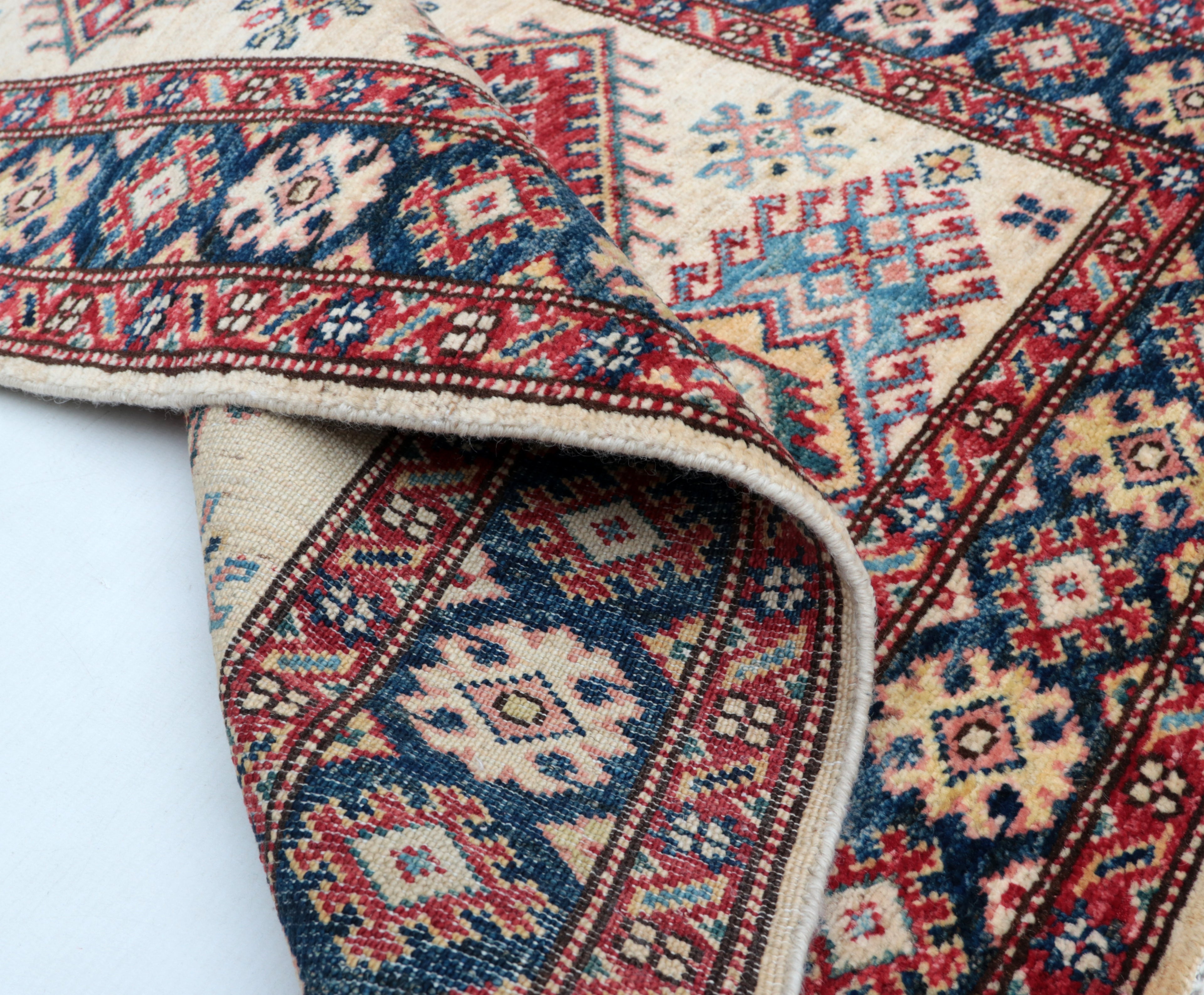 3x4 Beige & Blue Super Kazak Area Rug | Handmade Wool & Cotton Geometric Rug