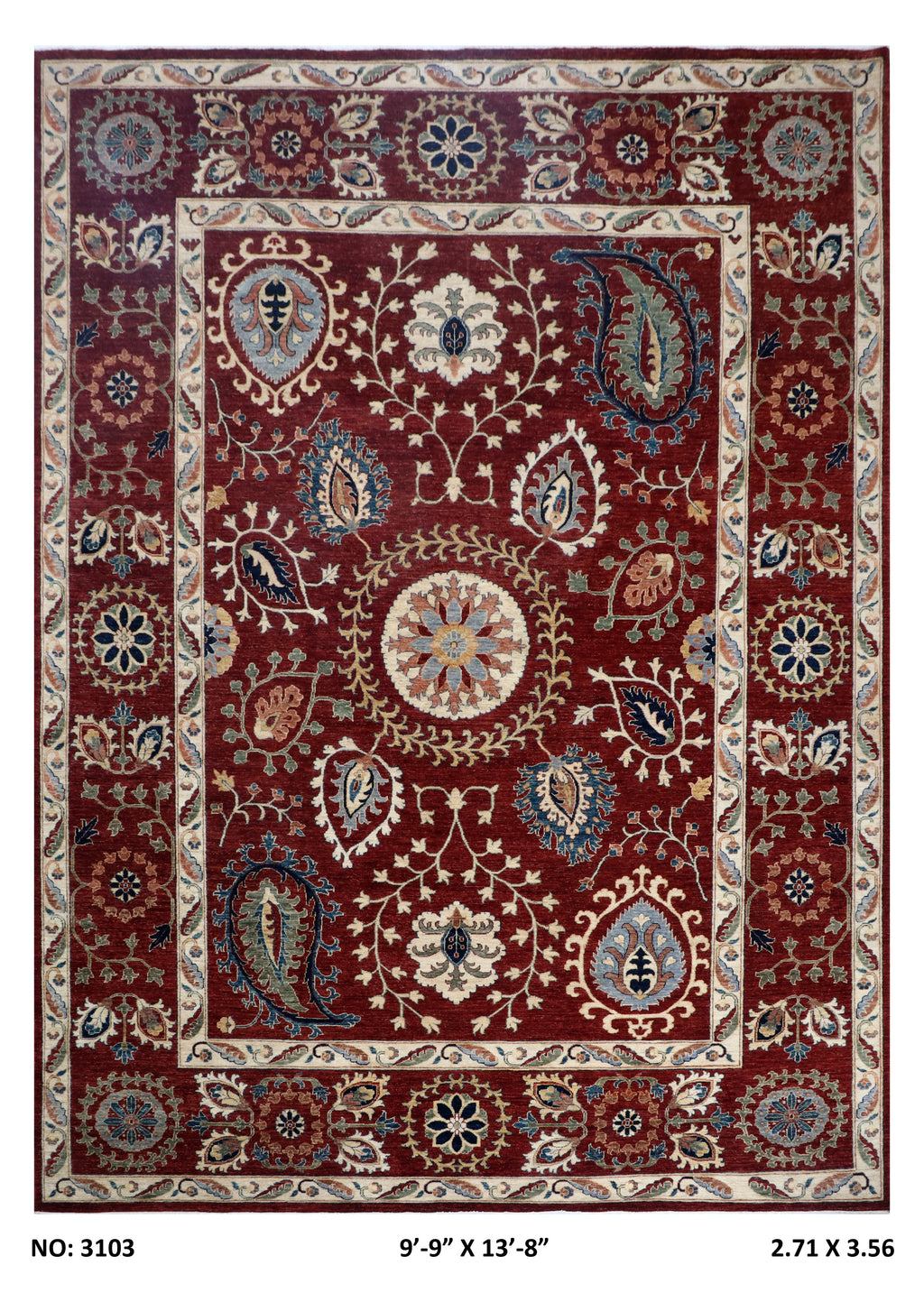 10x14 Red Chobi Area Rug | Handmade Wool & Cotton Floral Rug | Luxury Chobi Rug