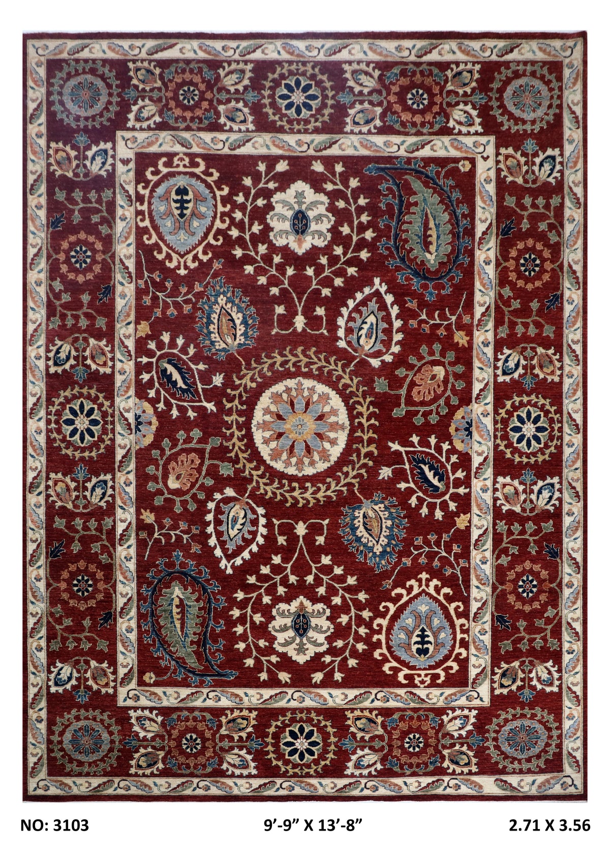 10x14 Red Chobi Area Rug | Handmade Wool & Cotton Floral Rug | Luxury Chobi Rug
