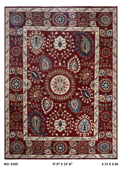 10x14 Red Chobi Area Rug | Handmade Wool & Cotton Floral Rug | Luxury Chobi Rug