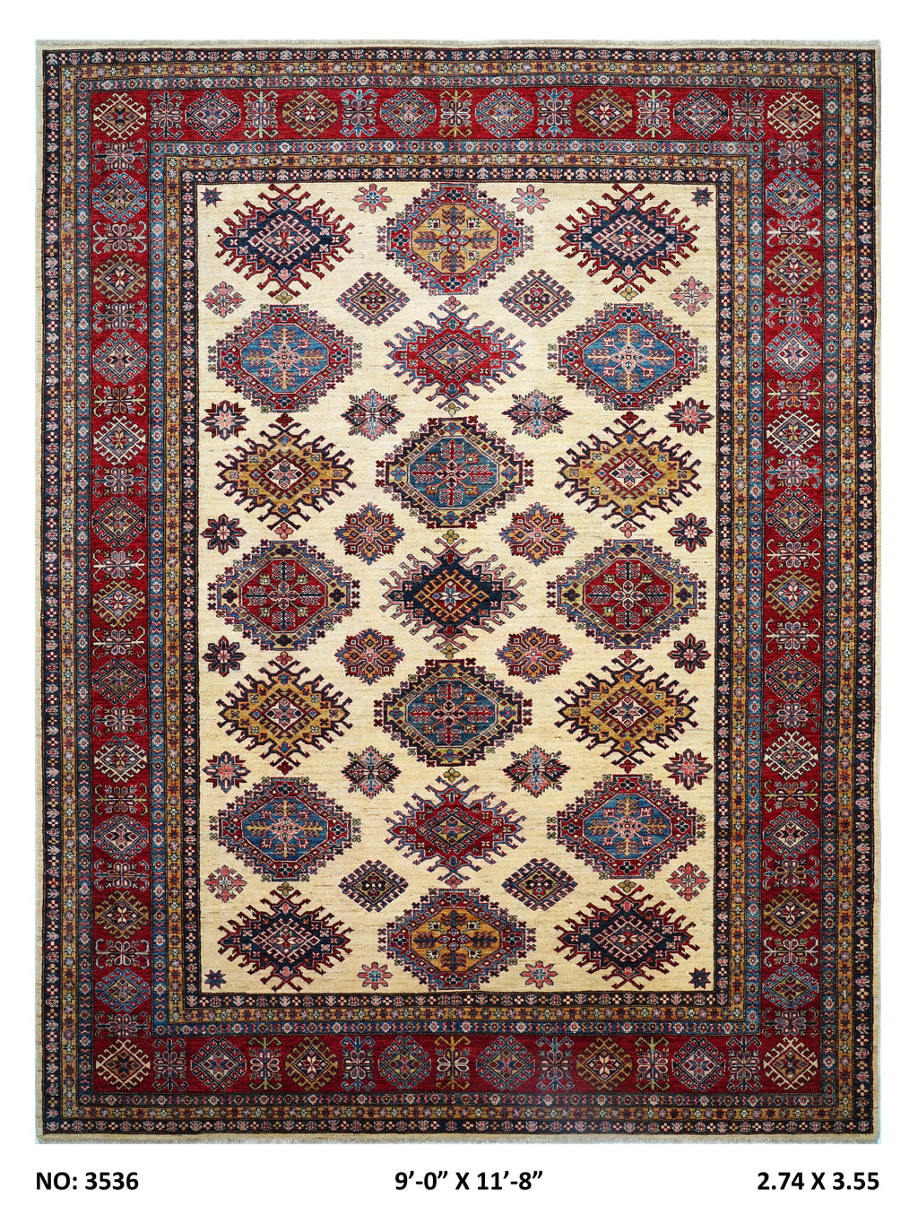 9x12 Beige Super Kazak geometric handmade wool and cotton area rug