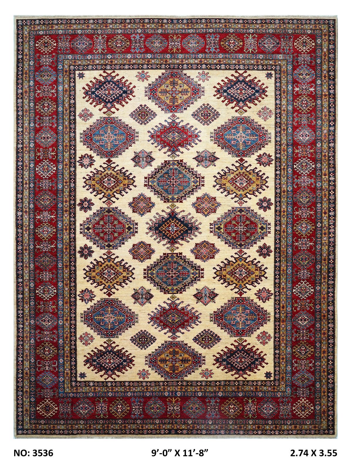 9x12 Beige Super Kazak geometric handmade wool and cotton area rug