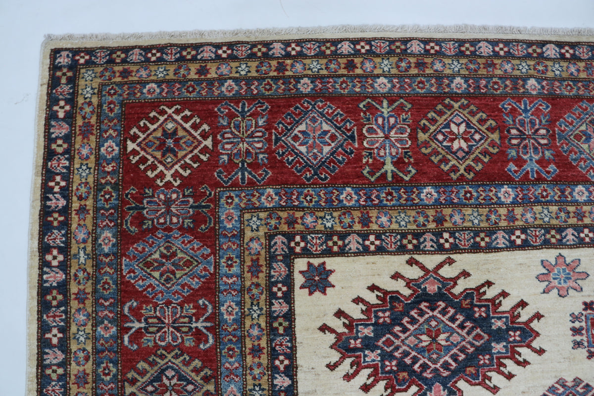 9x12 Beige Super Kazak Geometric Area Rug | Handmade Wool & Cotton Rug