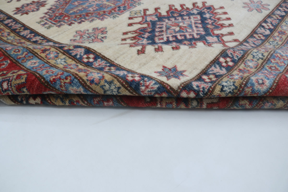 9x12 Beige Super Kazak Geometric Area Rug | Handmade Wool & Cotton Rug