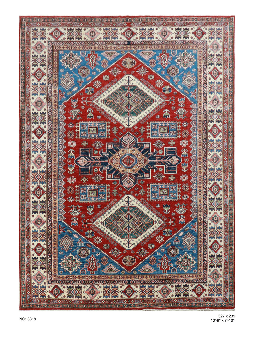 8x11 Red Super Kazak geometric handmade wool and cotton area rug