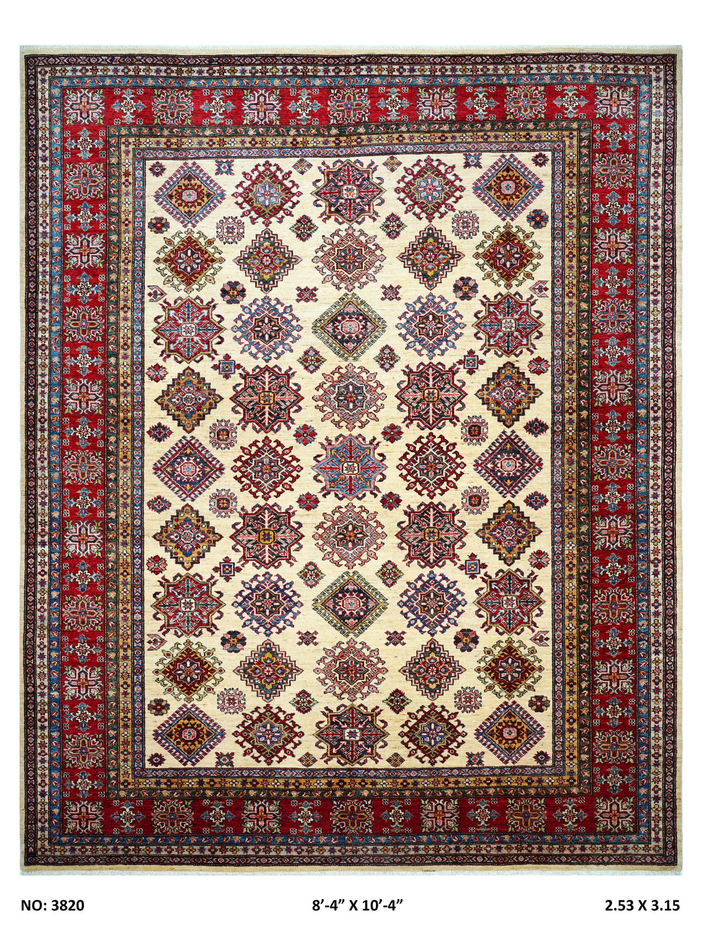 Red and beige Super Kazak handmade geometric cotton and wool rug