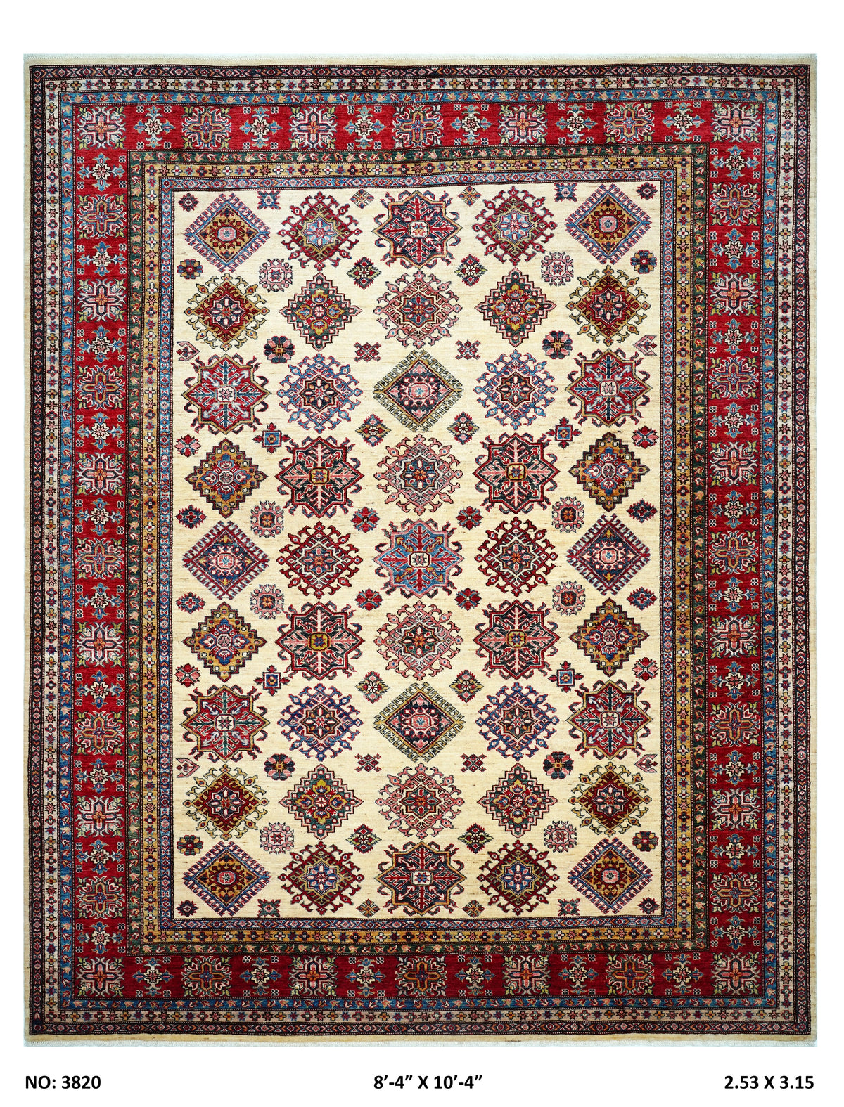 Red and beige Super Kazak handmade geometric cotton and wool rug
