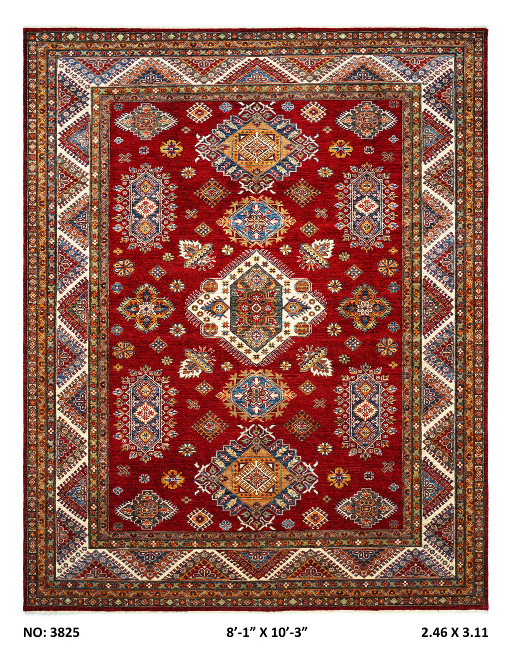 8x10 Red Super Kazak geometric handmade wool and cotton area rug