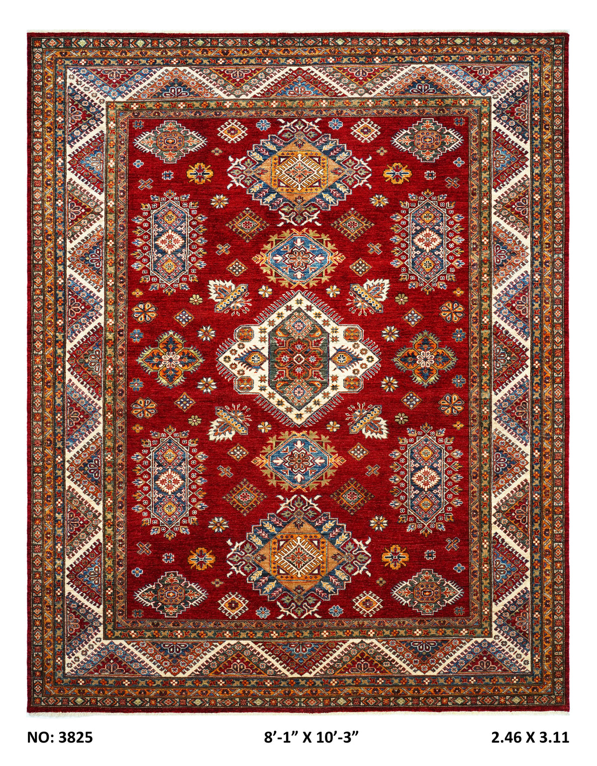 8x10 Red Super Kazak geometric handmade wool and cotton area rug