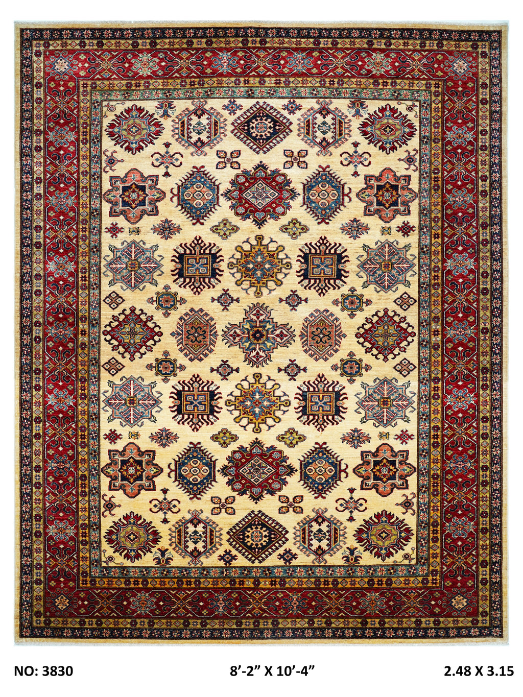 8x10 beige Super Kazak geometric handmade wool and cotton area rug with vegetable dyeing