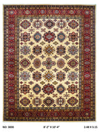 8x10 beige Super Kazak geometric handmade wool and cotton area rug with vegetable dyeing