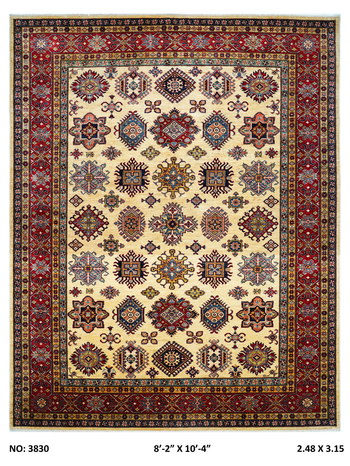 8x10 beige Super Kazak geometric handmade wool and cotton area rug with vegetable dyeing