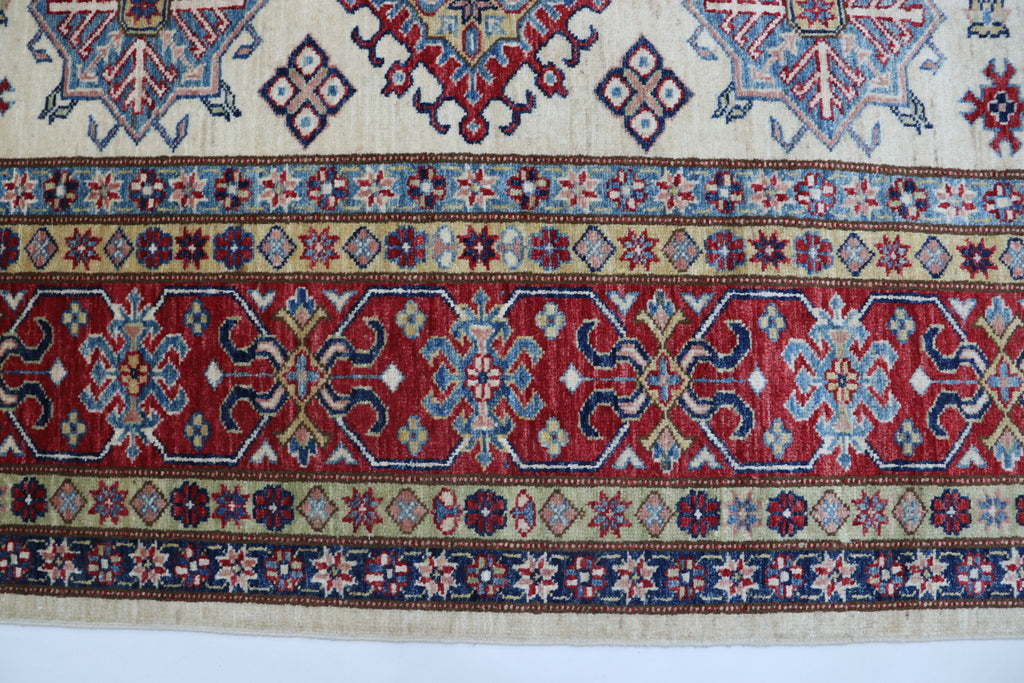 8x10 Beige Super Kazak Geometric Area Rug | Handmade Wool & Cotton Rug