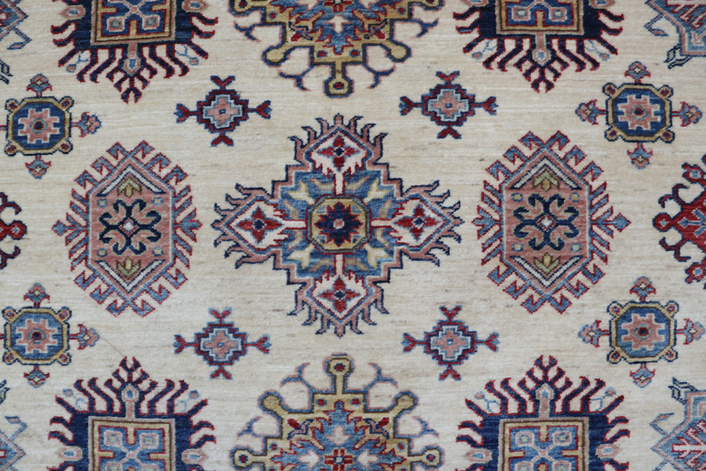 8x10 Beige Super Kazak Geometric Area Rug | Handmade Wool & Cotton Rug