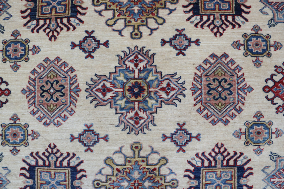 8x10 Beige Super Kazak Geometric Area Rug | Handmade Wool & Cotton Rug
