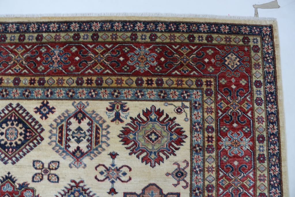 8x10 Beige Super Kazak Geometric Area Rug | Handmade Wool & Cotton Rug