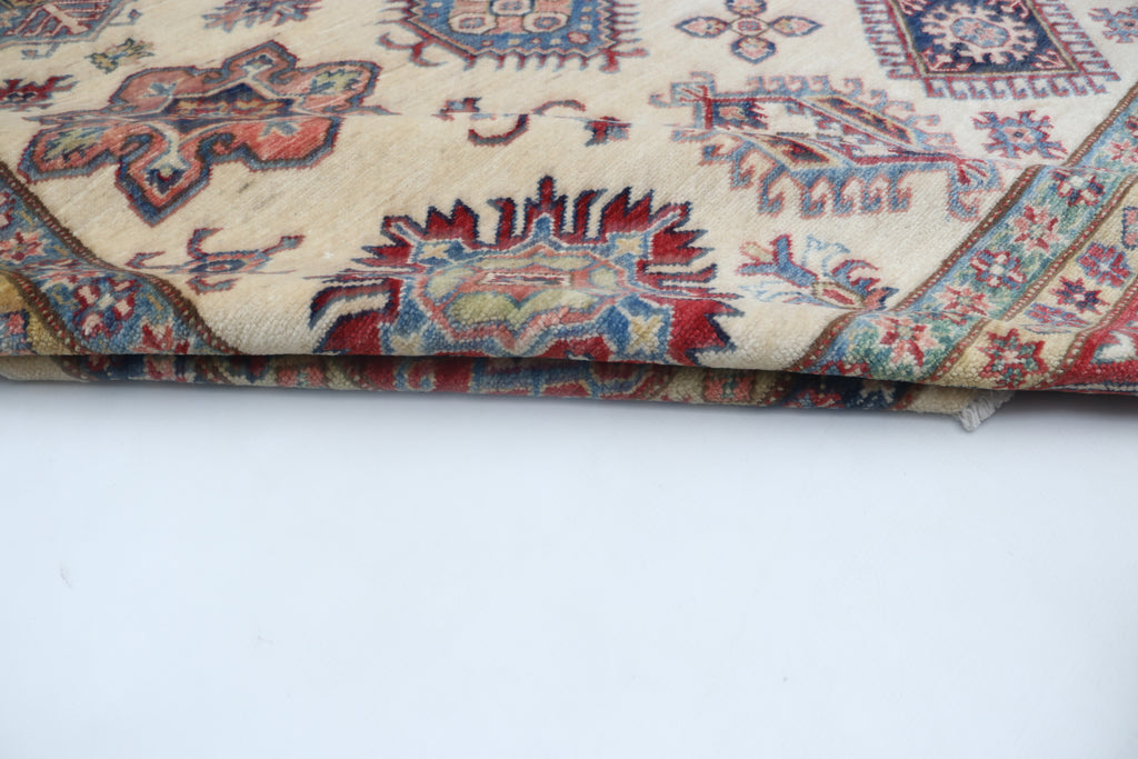 8x10 Beige Super Kazak Geometric Area Rug | Handmade Wool & Cotton Rug