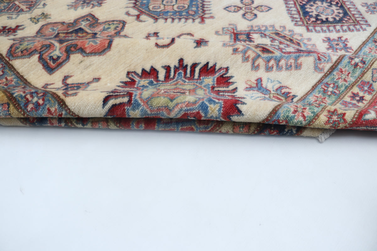 8x10 Beige Super Kazak Geometric Area Rug | Handmade Wool & Cotton Rug