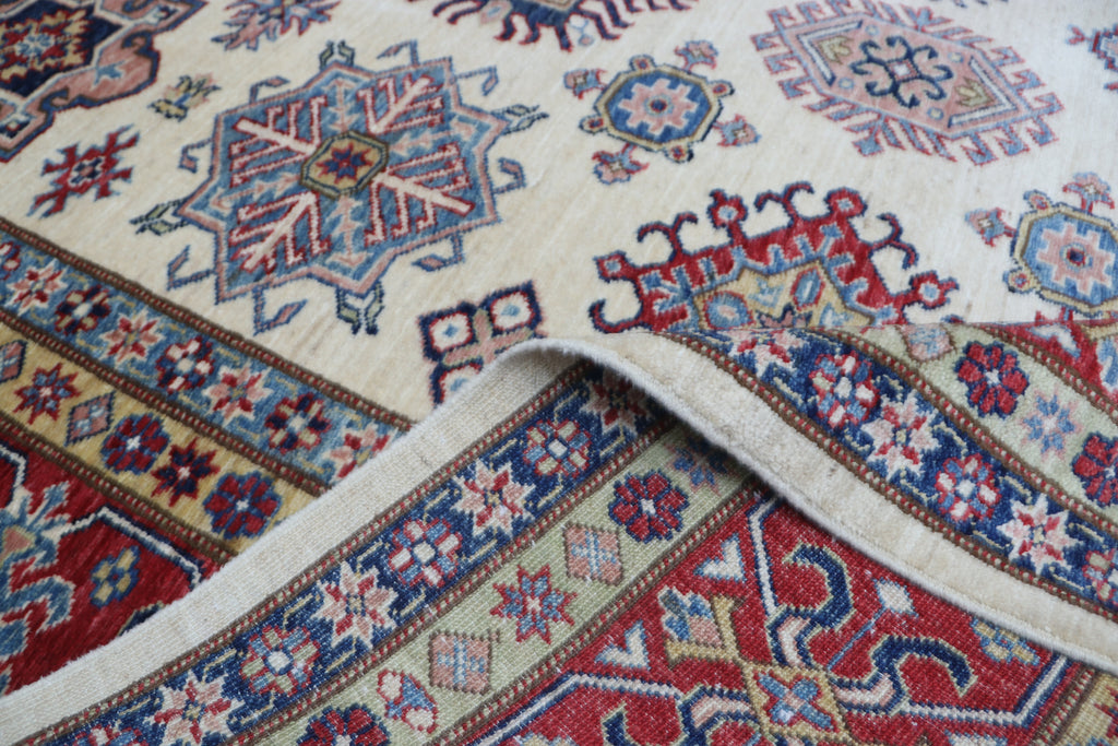 8x10 Beige Super Kazak Geometric Area Rug | Handmade Wool & Cotton Rug