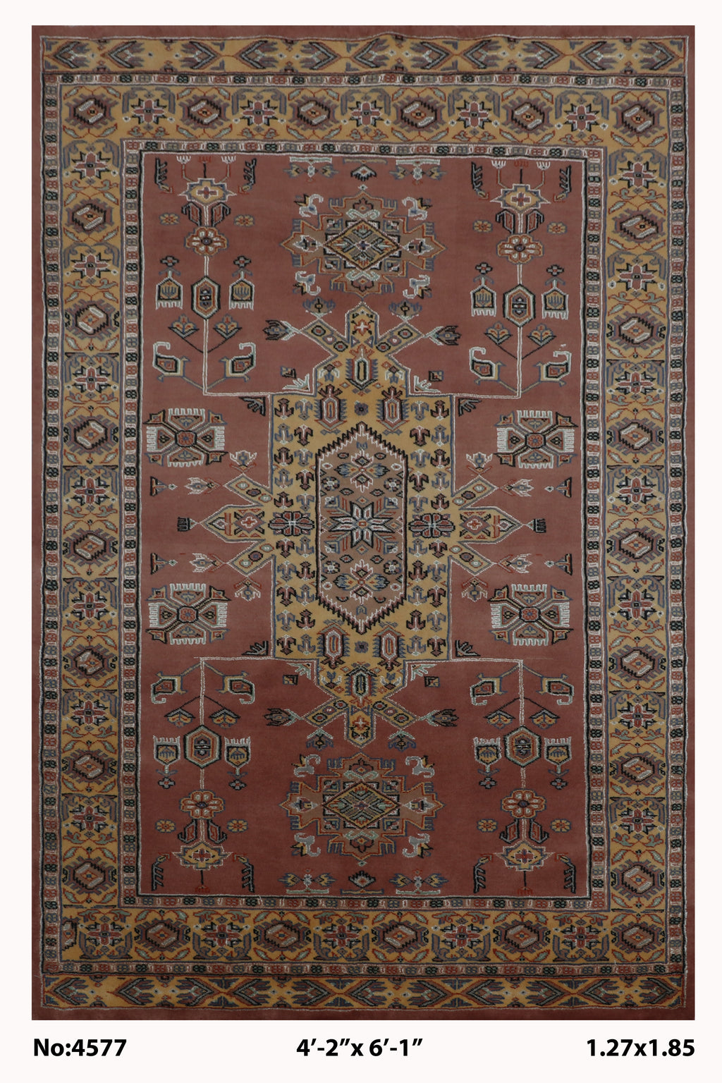 4x6 Orange Kafkazi geometric handmade wool cotton and silk area rug