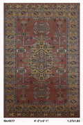 4x6 Orange Kafkazi geometric handmade wool cotton and silk area rug