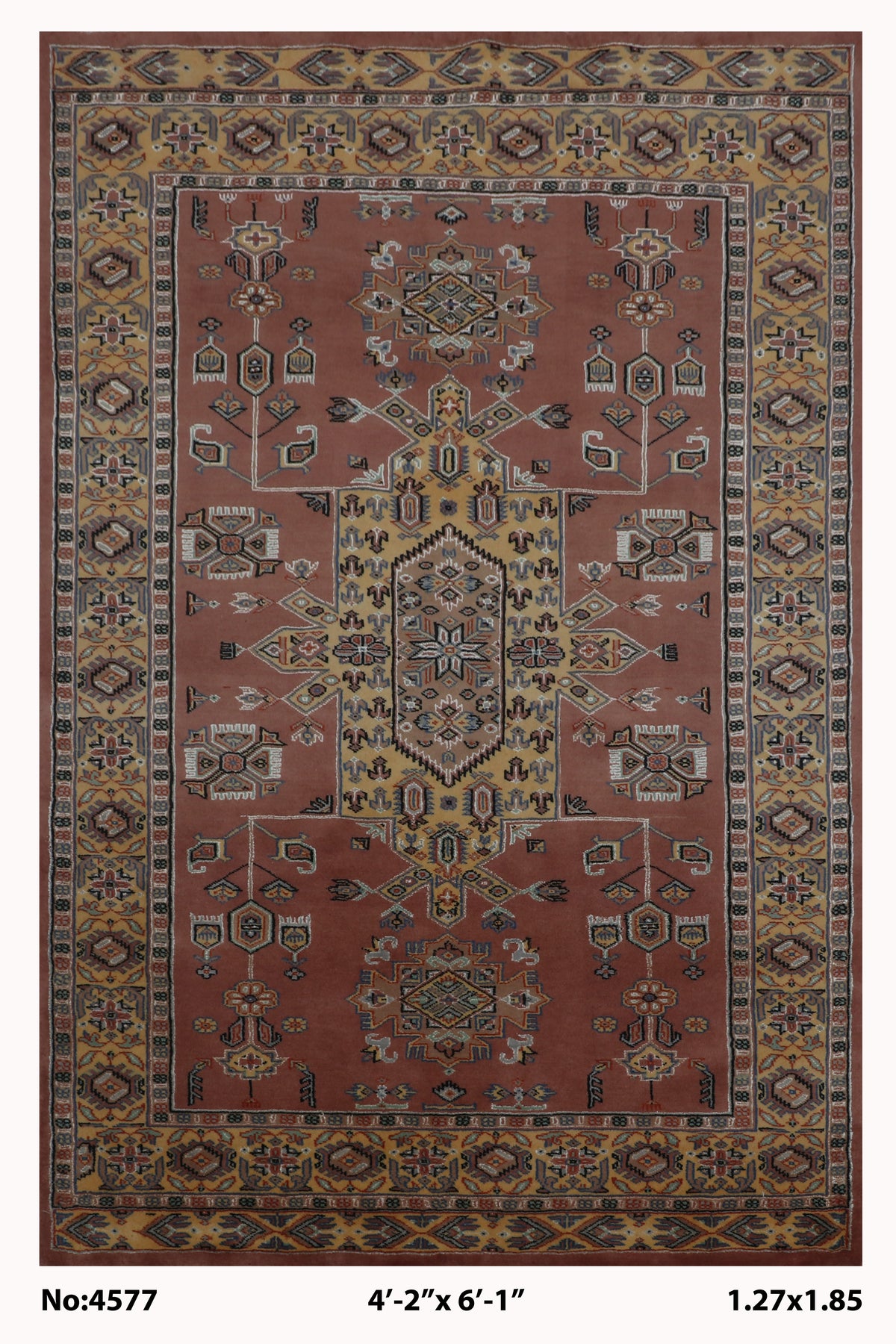 4x6 Orange Kafkazi geometric handmade wool cotton and silk area rug