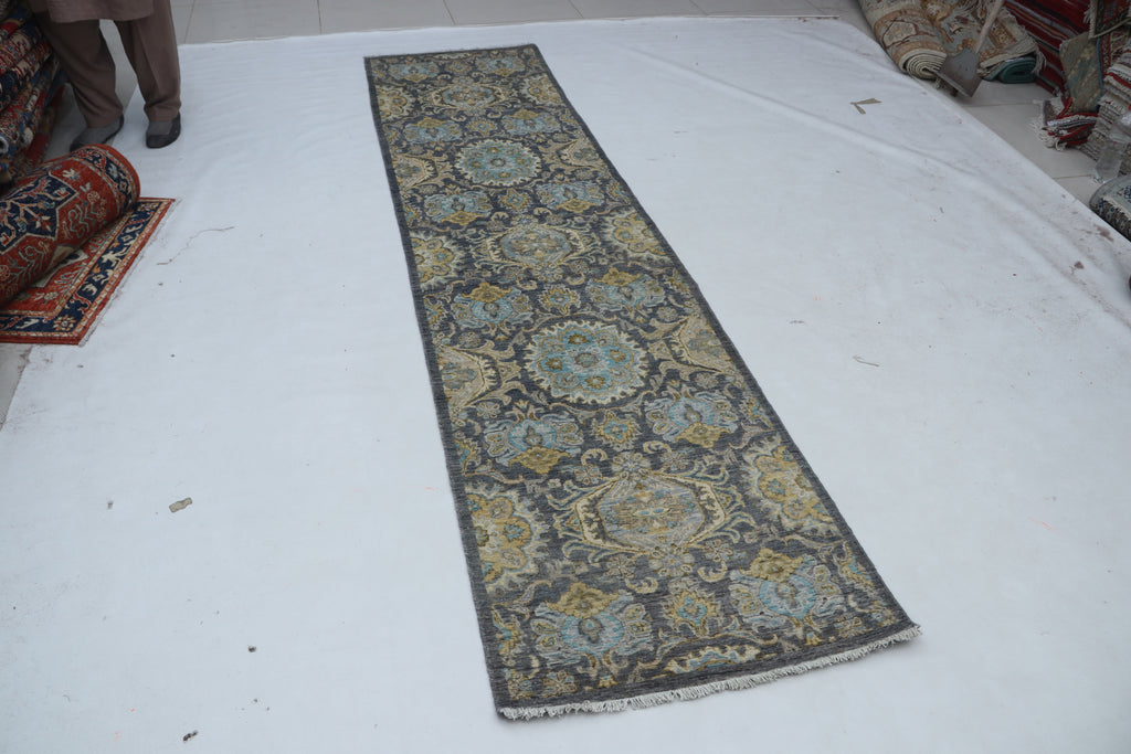 2x10 Gray Chobi Runner Rug | Handmade Wool & Cotton Floral Rug | Vegetable Dyed