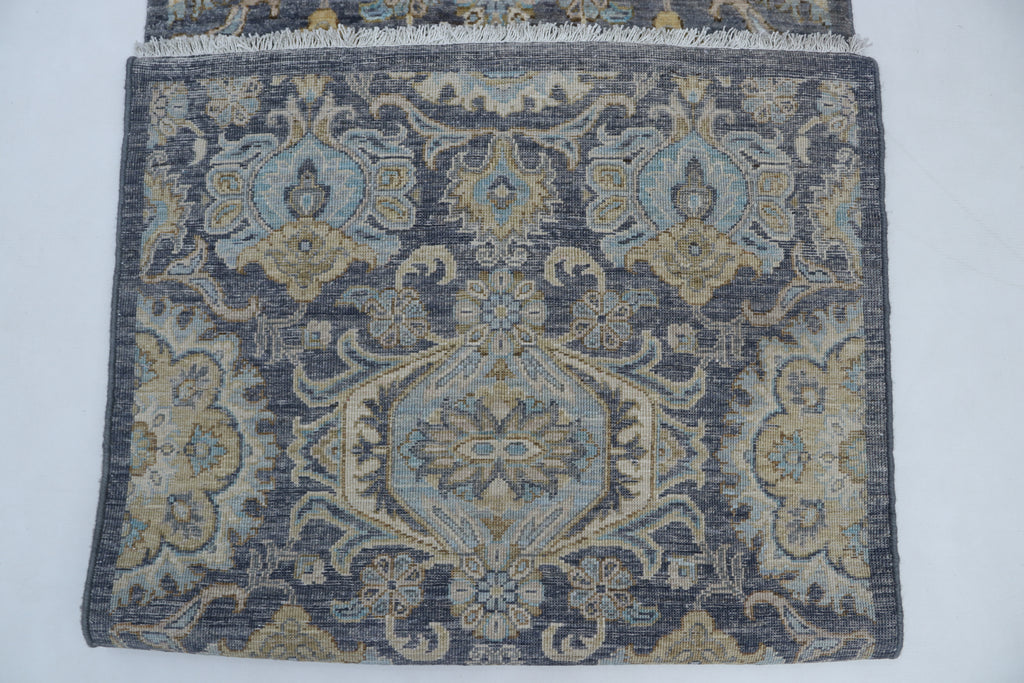 2x10 Gray Chobi Runner Rug | Handmade Wool & Cotton Floral Rug | Vegetable Dyed