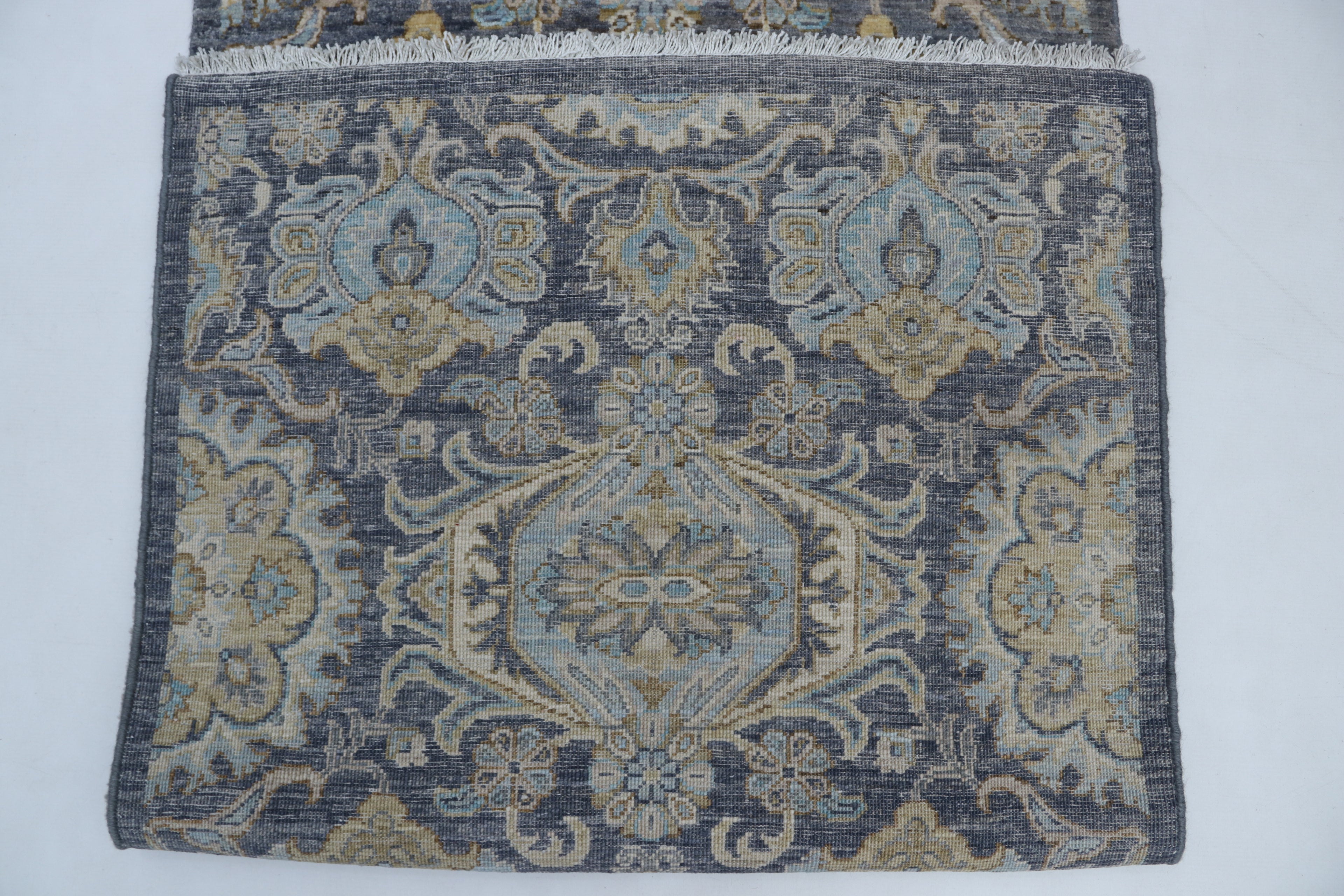2x10 Gray Chobi Runner Rug | Handmade Wool & Cotton Floral Rug | Vegetable Dyed