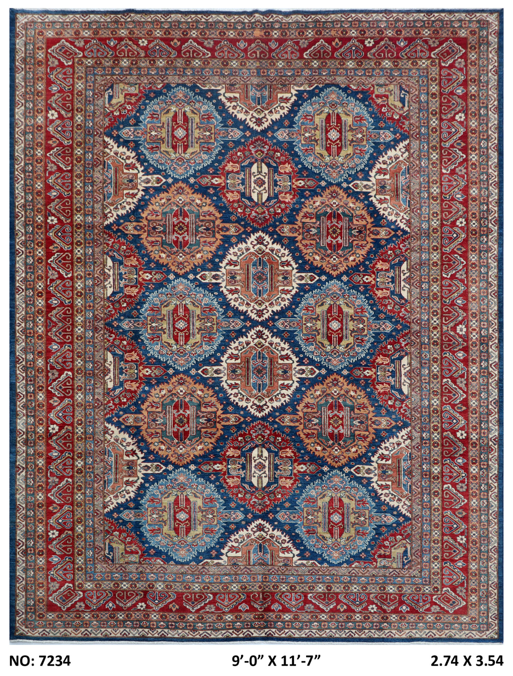 9x12 Blue Super Kazak geometric handmade wool and cotton area rug