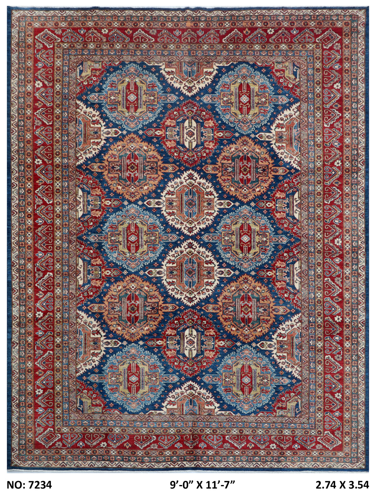 9x12 Blue Super Kazak geometric handmade wool and cotton area rug